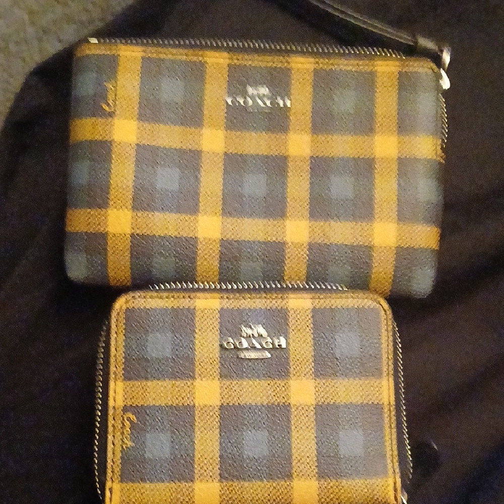 Coach Plaid Blue and Yellow Wristlet & Small Wallet Set sold together